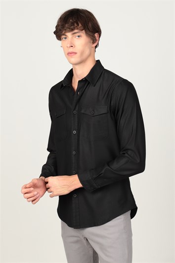 Slım Fit Uzun Kollu Düz Cepli Gabardin Denim Kot Erkek Siyah Gömlek