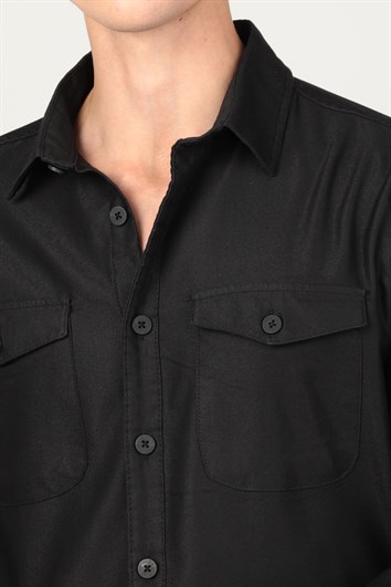 Slım Fit Uzun Kollu Düz Cepli Gabardin Denim Kot Erkek Siyah Gömlek