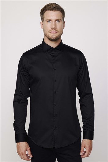 Erkek Slim Fit Dar Kesim %100 Pamuk Koton Saten Premium Seri Siyah Gömlek