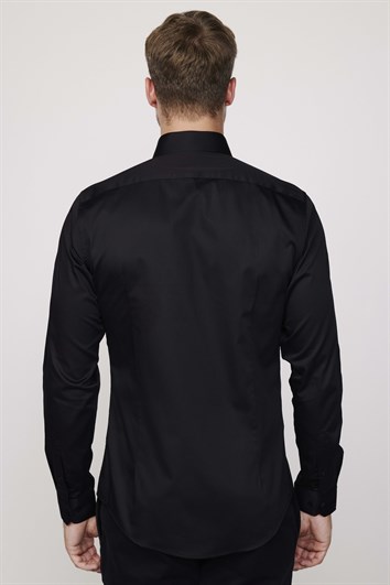 Erkek Slim Fit Dar Kesim %100 Pamuk Koton Saten Premium Seri Siyah Gömlek