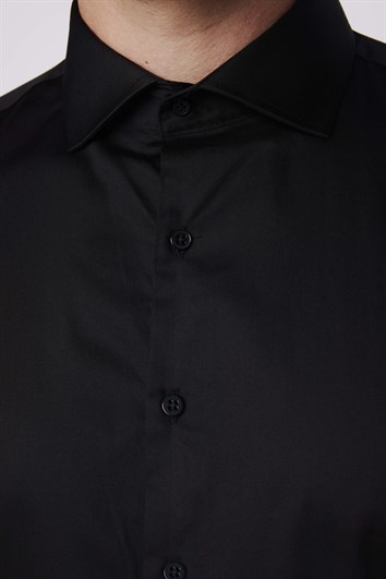 Erkek Slim Fit Dar Kesim %100 Pamuk Koton Saten Premium Seri Siyah Gömlek