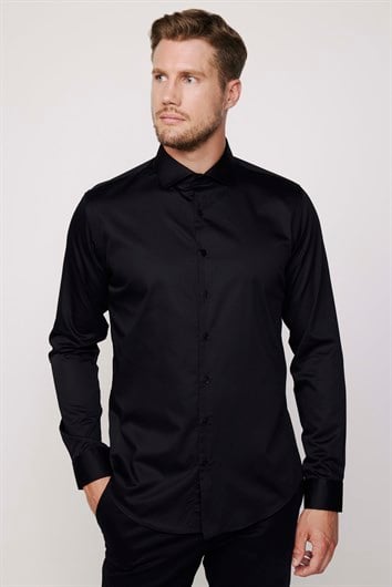 Erkek Slim Fit Dar Kesim %100 Pamuk Koton Saten Premium Seri Siyah Gömlek