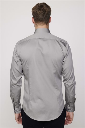 Erkek Slim Fit Dar Kesim %100 Pamuk Koton Saten Premium Seri Gri Gömlek