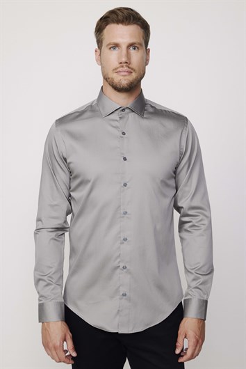 Erkek Slim Fit Dar Kesim %100 Pamuk Koton Saten Premium Seri Gri Gömlek