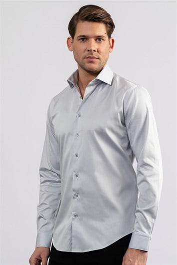 Erkek Slim Fit Dar Kesim %100 Pamuk Koton Saten Premium Seri Gri Gömlek