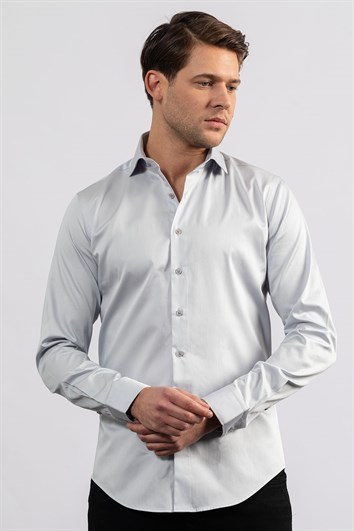 Erkek Slim Fit Dar Kesim %100 Pamuk Koton Saten Premium Seri Gri Gömlek