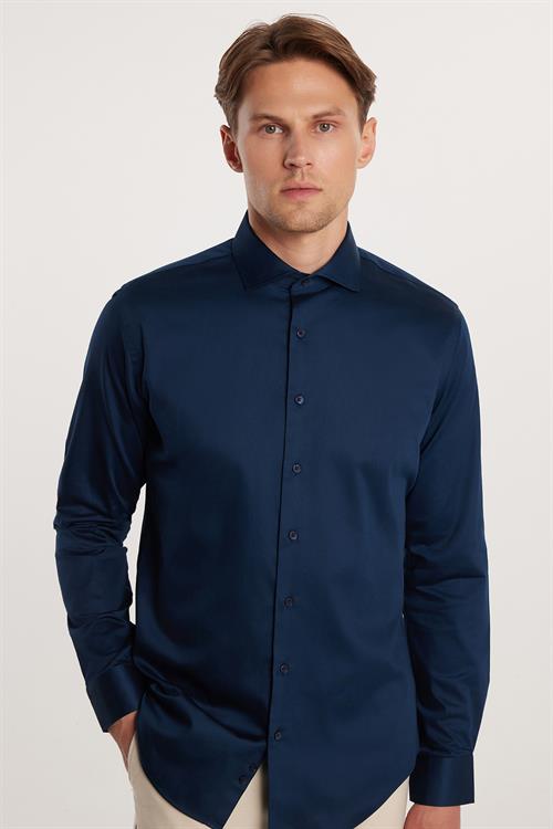 Erkek Slim Fit Dar Kesim %100 Pamuk Koton Saten Premium Seri Lacivert Gömlek