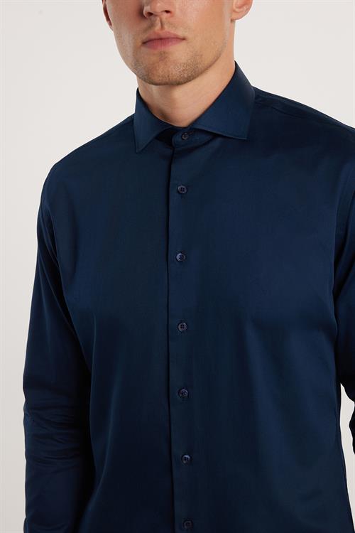 Erkek Slim Fit Dar Kesim %100 Pamuk Koton Saten Premium Seri Lacivert Gömlek