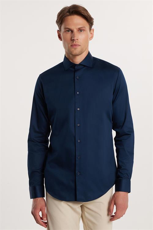 Erkek Slim Fit Dar Kesim %100 Pamuk Koton Saten Premium Seri Lacivert Gömlek