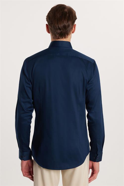 Erkek Slim Fit Dar Kesim %100 Pamuk Koton Saten Premium Seri Lacivert Gömlek