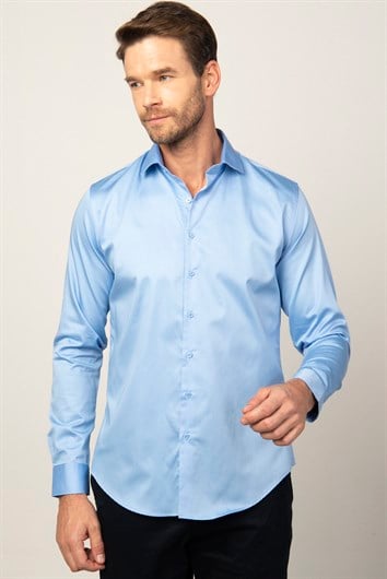 Erkek Slim Fit Dar Kesim %100 Pamuk Koton Saten Premium Seri Mavi Gömlek