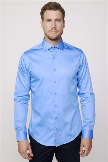 Erkek Slim Fit Dar Kesim %100 Pamuk Koton Saten Premium Seri Mavi Gömlek