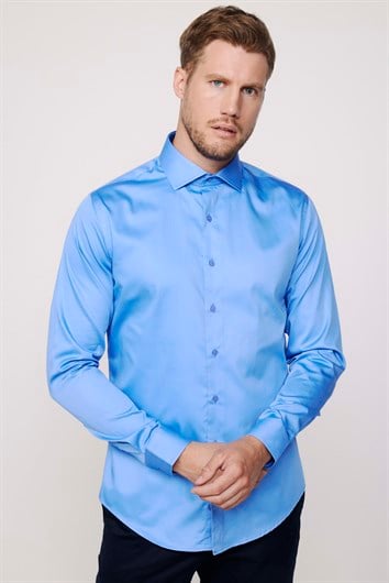 Erkek Slim Fit Dar Kesim %100 Pamuk Koton Saten Premium Seri Mavi Gömlek