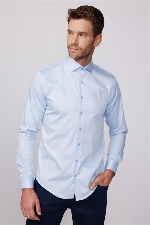 Erkek Slim Fit Dar Kesim %100 Pamuk Koton Saten Premium Seri Mavi Gömlek