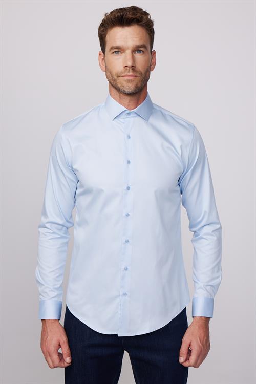 Erkek Slim Fit Dar Kesim %100 Pamuk Koton Saten Premium Seri Mavi Gömlek