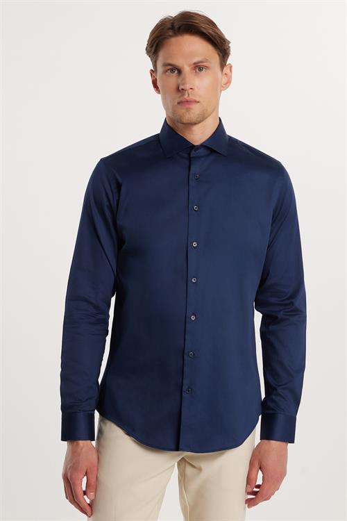 Erkek Slim Fit Dar Kesim %100 Pamuk Koton Saten Premium Seri Lacivert Gömlek