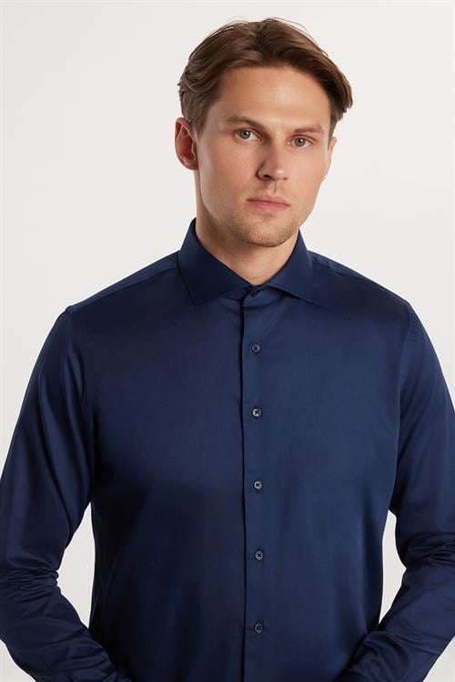 Erkek Slim Fit Dar Kesim %100 Pamuk Koton Saten Premium Seri Lacivert Gömlek