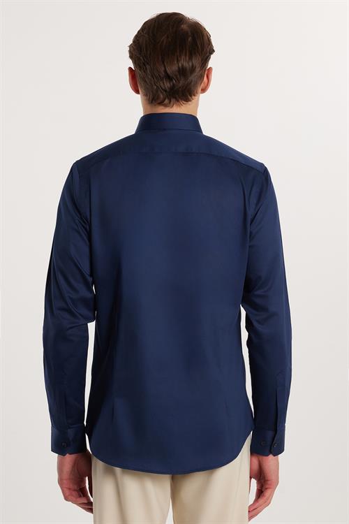 Erkek Slim Fit Dar Kesim %100 Pamuk Koton Saten Premium Seri Lacivert Gömlek