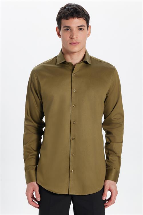 Erkek Slim Fit Dar Kesim %100 Pamuk Koton Saten Premium Seri Yeşil Gömlek