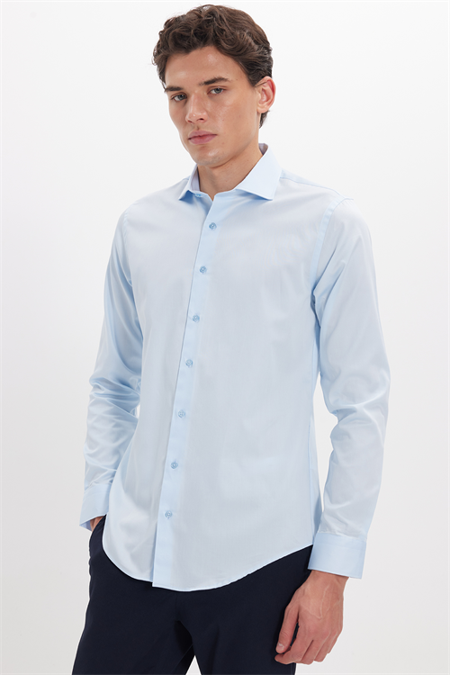 Erkek Slim Fit Dar Kesim %100 Pamuk Koton Saten Premium Seri Mavi Gömlek