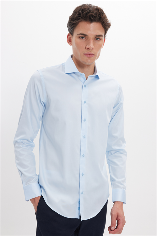 Erkek Slim Fit Dar Kesim %100 Pamuk Koton Saten Premium Seri Mavi Gömlek