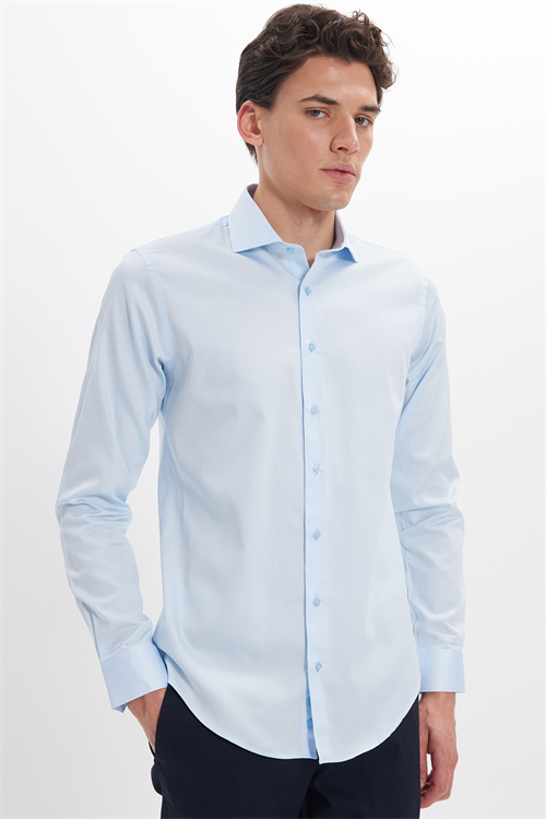 Erkek Slim Fit Dar Kesim %100 Pamuk Koton Saten Premium Seri Mavi Gömlek
