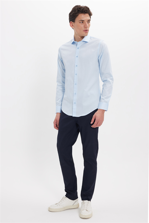 Erkek Slim Fit Dar Kesim %100 Pamuk Koton Saten Premium Seri Mavi Gömlek