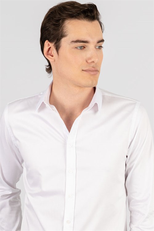 Slim Fit Uzun Kollu %100 Koton Saten Premium Erkek Beyaz Gömlek