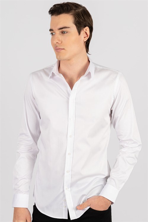 Slim Fit Uzun Kollu %100 Koton Saten Premium Erkek Beyaz Gömlek