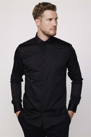 Slim Fit Uzun Kollu %100 Koton SatenPremium Erkek Siyah Gömlek