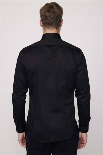 Slim Fit Uzun Kollu %100 Koton SatenPremium Erkek Siyah Gömlek