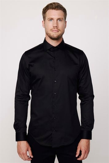 Slim Fit Uzun Kollu %100 Koton SatenPremium Erkek Siyah Gömlek