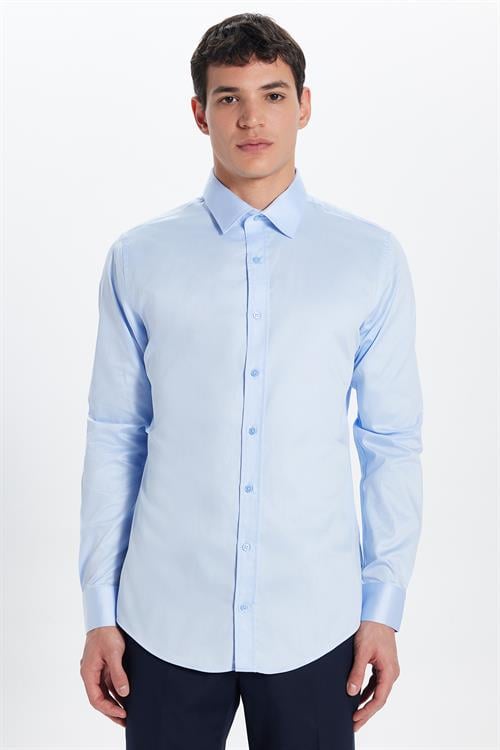 Erkek Slim Fit %100 Pamuk Koton Saten Premium Mavi Gömlek