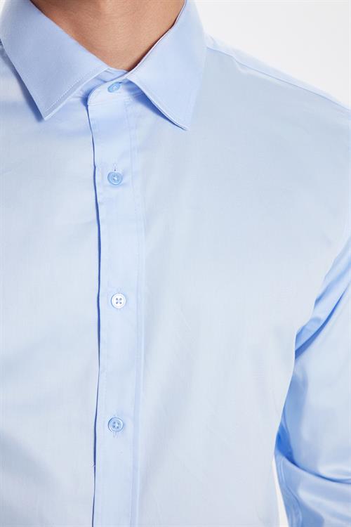 Erkek Slim Fit %100 Pamuk Koton Saten Premium Mavi Gömlek