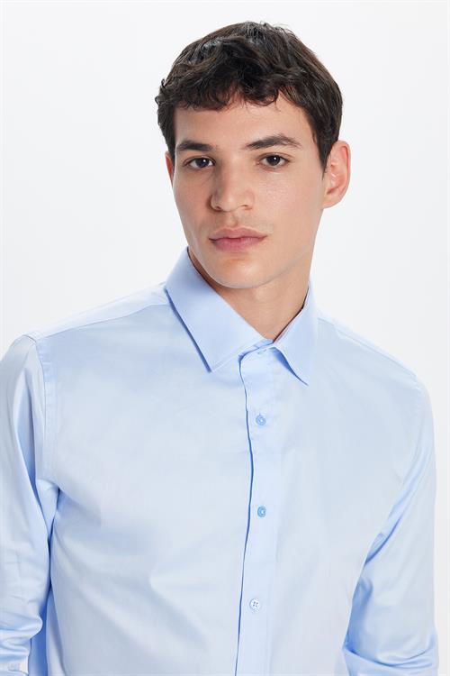 Erkek Slim Fit %100 Pamuk Koton Saten Premium Mavi Gömlek