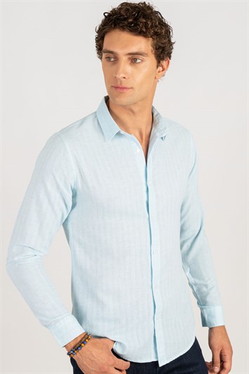 Erkek Slim Fit Dar Kesim Uzun Kollu %100 Pamuk Keten Doku Turkuaz Gömlek