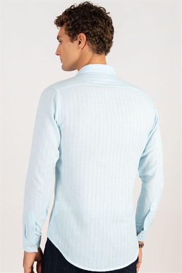 Erkek Slim Fit Dar Kesim Uzun Kollu %100 Pamuk Keten Doku Turkuaz Gömlek