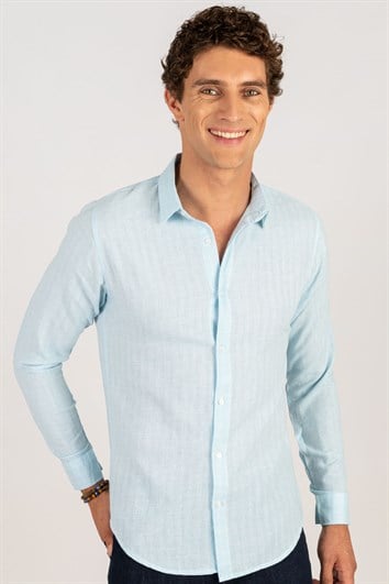 Erkek Slim Fit Dar Kesim Uzun Kollu %100 Pamuk Keten Doku Turkuaz Gömlek
