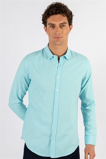 Erkek Slim Fit Dar Kesim Uzun Kollu %100 Pamuk Keten Doku Düğmeli Yaka Turkuaz Gömlek
