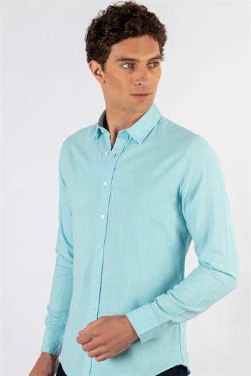 Erkek Slim Fit Dar Kesim Uzun Kollu %100 Pamuk Keten Doku Düğmeli Yaka Turkuaz Gömlek