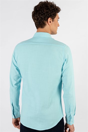 Erkek Slim Fit Dar Kesim Uzun Kollu %100 Pamuk Keten Doku Düğmeli Yaka Turkuaz Gömlek