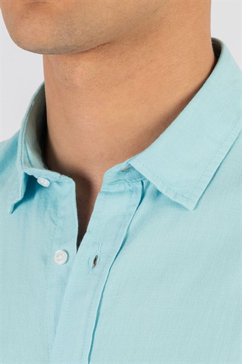 Erkek Slim Fit Dar Kesim Uzun Kollu %100 Pamuk Keten Doku Düğmeli Yaka Turkuaz Gömlek