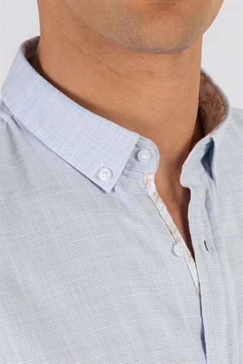 Erkek Slim Fit Dar Kesim Uzun Kollu %100 Pamuk Keten Doku Garnili Mavi Gömlek