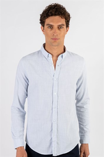 Erkek Slim Fit Dar Kesim Uzun Kollu %100 Pamuk Keten Doku Garnili Mavi Gömlek