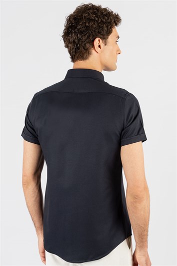 Erkek Slim Fit Dar Kesim Kısa Kollu Pamuklu Oxford Doku Lacivert Düğmeli Yaka Gömlek