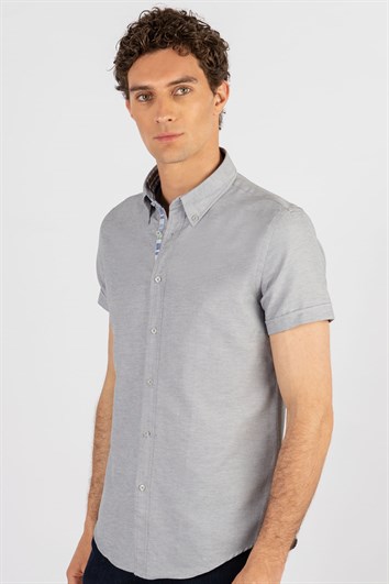 Erkek Slim Fit Dar Kesim Kısa Kollu Pamuklu Oxford Doku Kolay Ütülenebilir Gri Düğmeli Yaka Gömlek