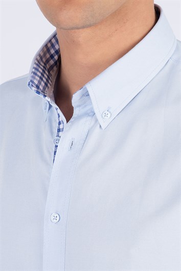 Erkek Slim Fit Dar Kesim Kısa Kollu Pamuklu Oxford Doku Kolay Ütülenebilir Mavi Düğmeli Yaka Gömlek