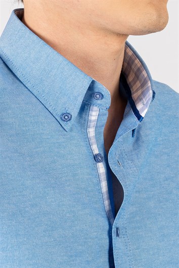 Erkek Slim Fit Dar Kesim Kısa Kollu Pamuklu Oxford Doku Kolay Ütülenebilir Mavi Düğmeli Yaka Gömlek