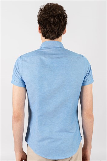 Erkek Slim Fit Dar Kesim Kısa Kollu Pamuklu Oxford Doku Kolay Ütülenebilir Mavi Düğmeli Yaka Gömlek