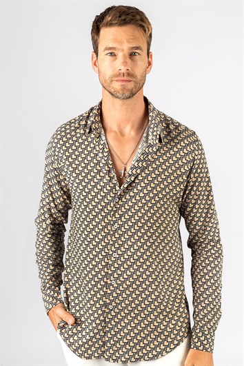Slim Fit Uzun Kollu Yazlık Baskılı Vıskon Erkek Gömlek